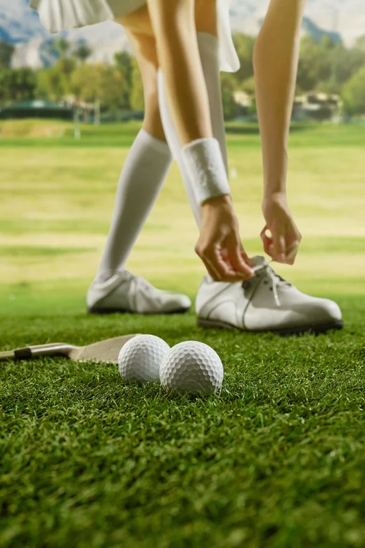 Golfista atándose los zapatos en el green