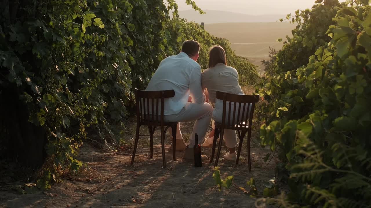 Pareja sentada entre viñedos al atardecer